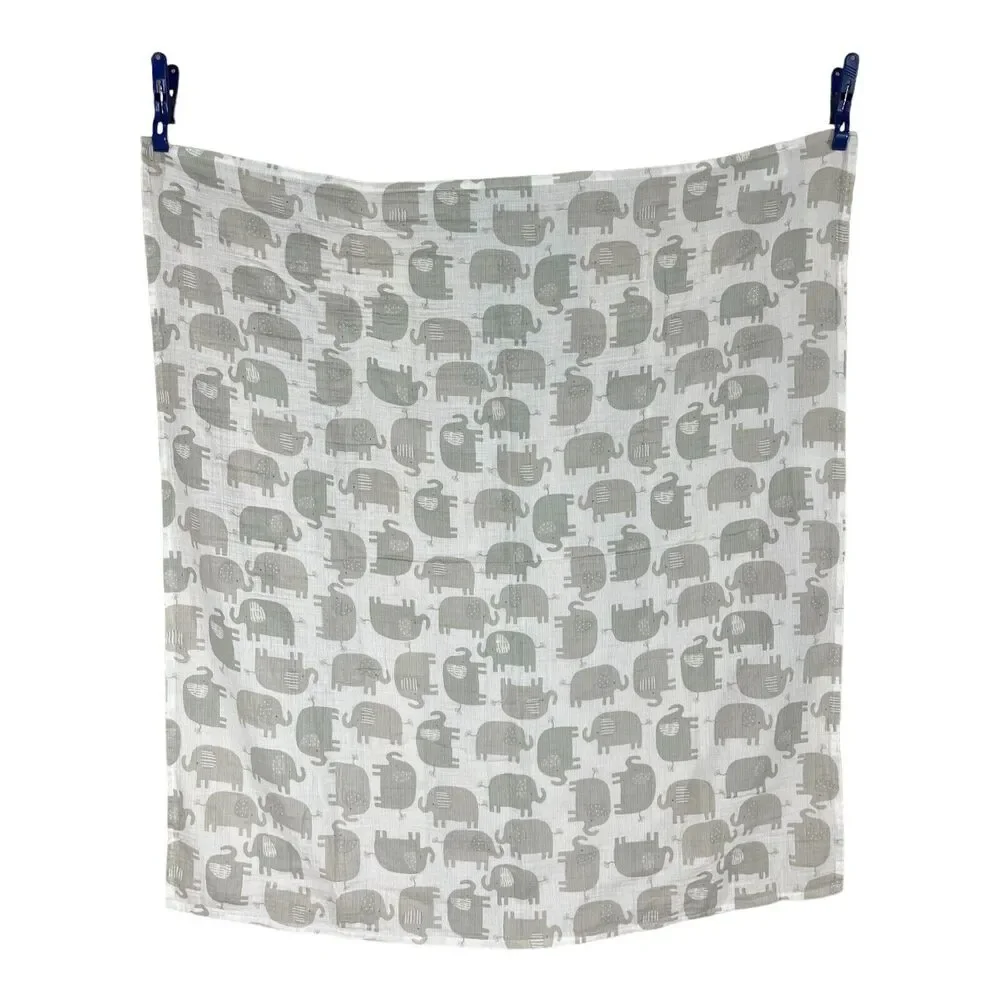Le Petit Gray White Elephant Muslin Swaddle Baby Blanket 100% Cotton